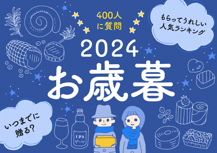 イラストタイトル：中央にタイトル文字「400人に質問。2024お歳暮　いつまでに贈る？もらってうれしい人気ランキング」中央下にお歳暮を持った男性と女性。そのまわりに、ハム･ソーセージ、洋菓子、ビールなどの線画イラスト。