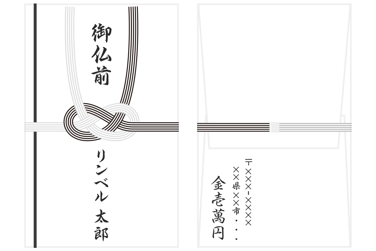 香典袋の図解：（左）表面。白黒あわじ結び水引の上中央に「御仏前」下に「リンベル太郎」と書かれている。(右）裏面。左下に、縦書きで右から郵便番号、住所、金壱萬円、と書かれている。