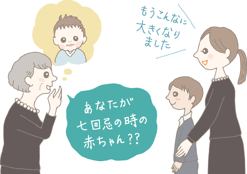 イラスト：施主のおばあちゃんが、親戚の親子を迎える様子。七回忌法要で赤ちゃんだった子が6歳くらいに成長しており「あなたが七回忌の時の赤ちゃん！？」[もうこんなに大きくなりました」と会話している