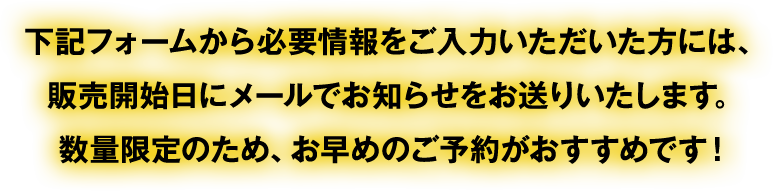 下記フォームから必要情報をご入力いただいた方には、販売開始日にメールでお知らせをお送りいたします。数量限定のため、お早めのご予約がおすすめです！